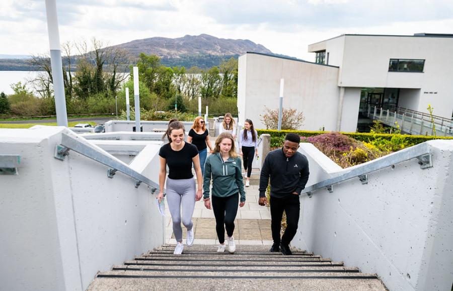 students walking upstairs